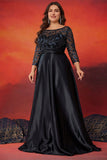 Black Satin A Line 3/4 Sleeves Plus Size Mother Of The Bride Dress