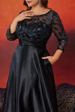 Black Satin A Line 3/4 Sleeves Plus Size Mother Of The Bride Dress