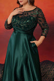 Black Satin A Line 3/4 Sleeves Plus Size Mother Of The Bride Dress