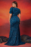 Sparky Blue Mermaid Plus Size Long Mother of the Bride Dress with Side Cape