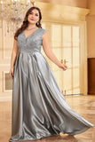 Blush Pink Satin A Line Plus Size Long Mother Of The Bride Dress