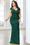 Sparkly Burgundy Floral V Neck Plus Size Long Mother of the Bride Dress