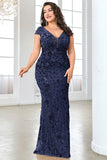 Sparkly Burgundy Floral V Neck Plus Size Long Mother of the Bride Dress