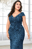Sparkly Burgundy Floral V Neck Plus Size Long Mother of the Bride Dress