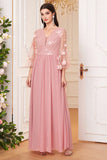 Blush Pink Chiffon A Line Long Sleeves Mother Of The Bride Dress With Flowers