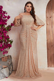 Sparkly Champagne Long Mother of the Bride Dress with Puff Sleeves