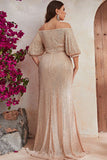 Sparkly Champagne Long Mother of the Bride Dress with Puff Sleeves