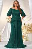 Sparkly Champagne Long Mother of the Bride Dress with Puff Sleeves