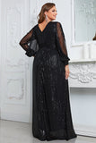 Sparkly Black Chiffon A Line Long Sleeves Mother of the Bride Dress