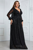 Sparkly Black Chiffon A Line Long Sleeves Mother of the Bride Dress