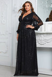Sparkly Black Chiffon A Line Long Sleeves Mother of the Bride Dress