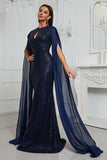 Sparkly Navy Mermaid Beaded Long Mother of the Bride Dress with Cape