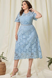 Sky Blue Lace Plus Size Midi Mother of the Bride Dress with Short Sleeves
