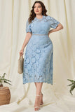 Sky Blue Lace Plus Size Midi Mother of the Bride Dress with Short Sleeves