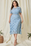 Sky Blue Lace Plus Size Midi Mother of the Bride Dress with Short Sleeves
