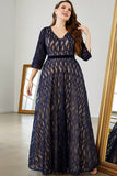 Navy A Line Long Mother of the Bride Dress with 3/4 Sleeves
