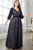 Navy A Line Long Mother of the Bride Dress with 3/4 Sleeves