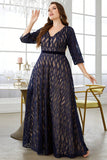 Navy A Line Long Mother of the Bride Dress with 3/4 Sleeves