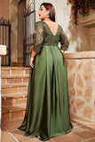 Olive Satin A Line Long Mother of the Bride Dress with Appliques