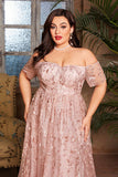 Blush Tulle Long Plus Size Mother of the Bride Dress with Appliques