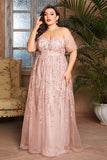 Blush Tulle Long Plus Size Mother of the Bride Dress with Appliques