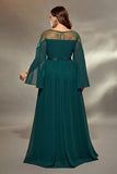 Sparkly Peacock Blue Chiffon Long Mother of the Bride Dress with Beading