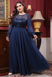 Navy Chiffon A line Long Sleeves Mother of the Bride Dress with Sequins