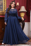 Navy Chiffon A line Long Sleeves Mother of the Bride Dress with Sequins