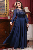 Navy Chiffon A line Long Sleeves Mother of the Bride Dress with Sequins