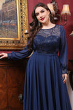 Navy Chiffon A line Long Sleeves Mother of the Bride Dress with Sequins