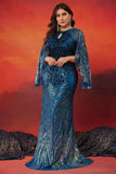 Sparkly Mermaid Peacock Blue Long Mother of the Bride Dress