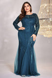 Sparkly Royal Blue Tulle Mermaid Long Sleeves Mother of the Bride Dress