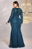 Sparkly Royal Blue Tulle Mermaid Long Sleeves Mother of the Bride Dress