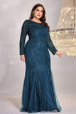 Sparkly Royal Blue Tulle Mermaid Long Sleeves Mother of the Bride Dress