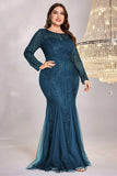 Sparkly Royal Blue Tulle Mermaid Long Sleeves Mother of the Bride Dress
