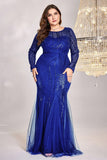 Sparkly Royal Blue Tulle Mermaid Long Sleeves Mother of the Bride Dress