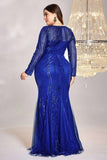 Sparkly Royal Blue Tulle Mermaid Long Sleeves Mother of the Bride Dress