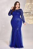 Sparkly Royal Blue Tulle Mermaid Long Sleeves Mother of the Bride Dress