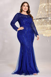 Sparkly Royal Blue Tulle Mermaid Long Sleeves Mother of the Bride Dress