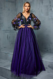 Floral Navy A Line V Neck Long Tulle Mother of the Bride Dress