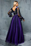 Floral Navy A Line V Neck Long Tulle Mother of the Bride Dress