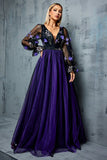 Floral Navy A Line V Neck Long Tulle Mother of the Bride Dress