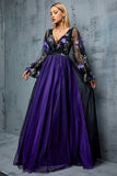 Floral Navy A Line V Neck Long Tulle Mother of the Bride Dress
