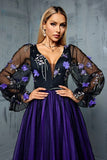 Floral Navy A Line V Neck Long Tulle Mother of the Bride Dress