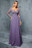 Purple Chiffon A Line Long Sleeves Mother of the Bride Dress with Appliques