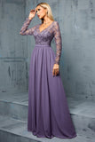 Purple Chiffon A Line Long Sleeves Mother of the Bride Dress with Appliques