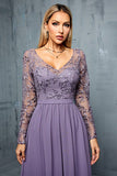 Purple Chiffon A Line Long Sleeves Mother of the Bride Dress with Appliques