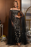 Black Gold Tulle Sheath Long Mother of the Bride Dress with Cape