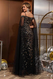 Black Gold Tulle Sheath Long Mother of the Bride Dress with Cape