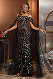 Black Gold Tulle Sheath Long Mother of the Bride Dress with Cape